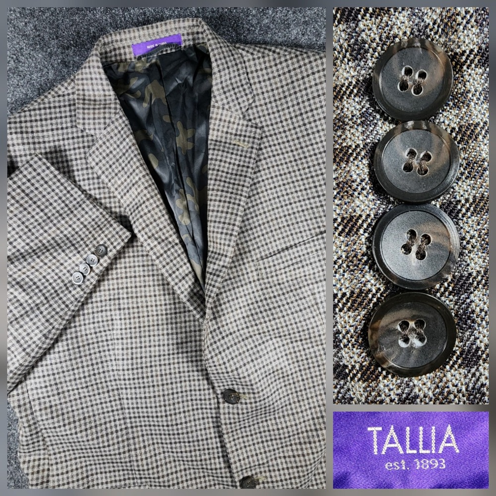 Tallia Sport Coat Mens 44S Brown Silk Wool Check Camo Lining Blazer